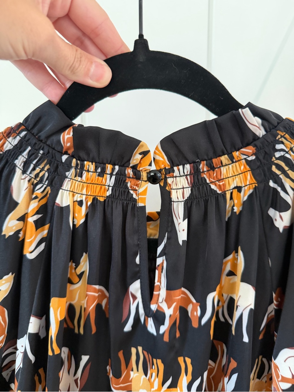 THML Black and Brown Horse Print Satin Blouse Top - Picture 6 of 9